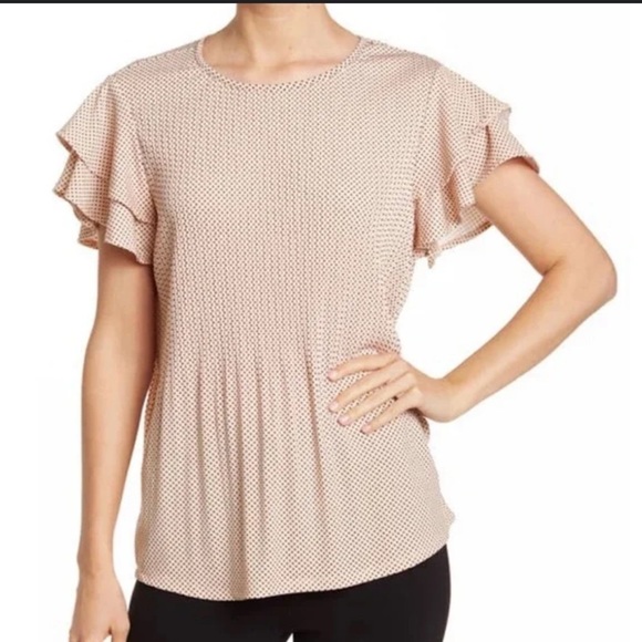⭐️ADRIANA PAPELL Pleated Pink and Black Polka Dot Flutter Sleeve Top - Picture 1 of 7